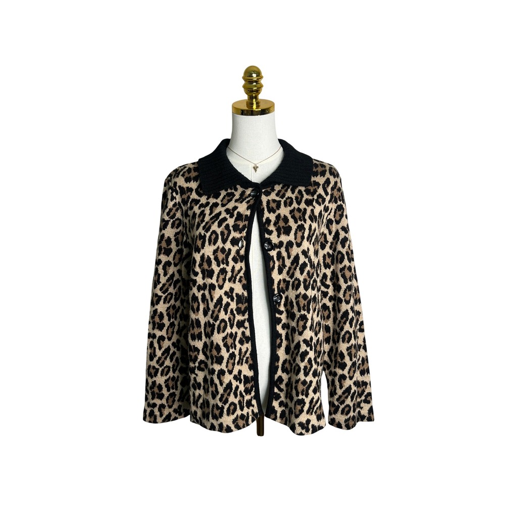 Rafaella Leopard Print Cardigan Sweater Womens Large Wool Blend Button Front L - Picture 2 of 8